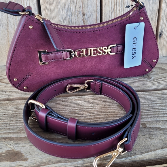 GUESS Suede Northlake Small Oxblood Tote With Crossbody Strap Handbag - Picture 5 of 8